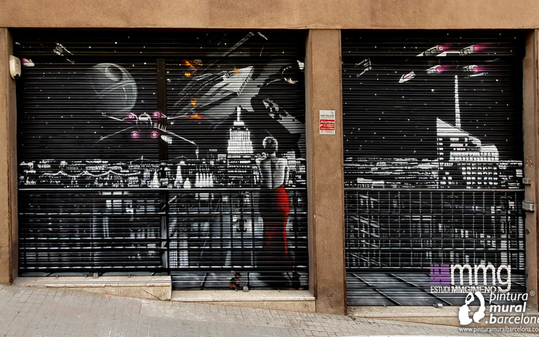 graffiti-mural-mujer-persianas-balcon-trampantojo-starwars-barcelona