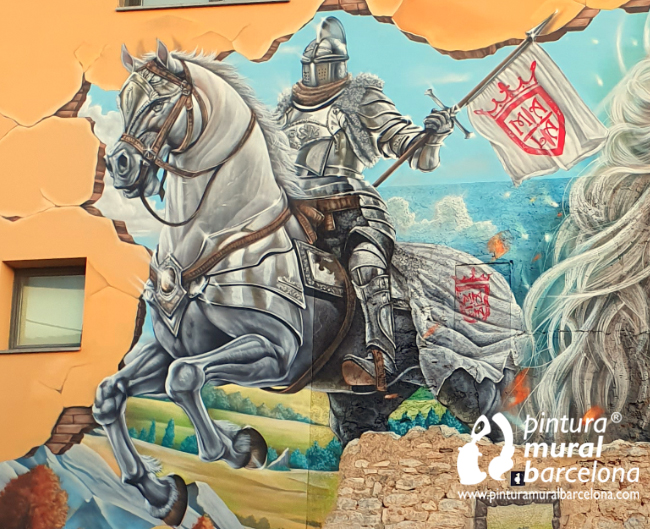 mural-fachada-trampantojo-bisbal-castillo-medieval-roto-caballero-caballo